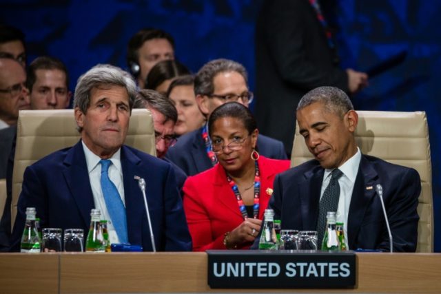 US President Barack Obama (R), pictured with US Secretary of State John Kerry (L) and White House National Security Advisor Susan Rice at the NATO summit in Warsaw on July 8, 2016