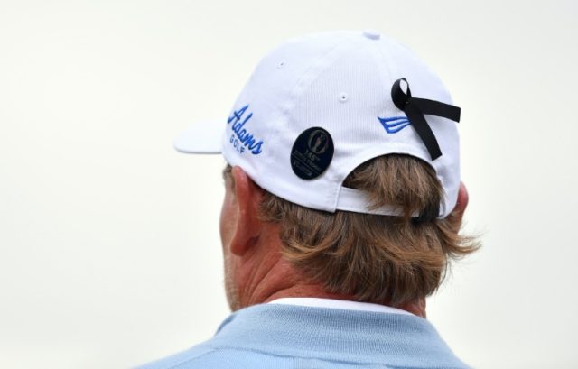 South Africa's Ernie Els wears a black ribbon on his cap on day two of the British Open on