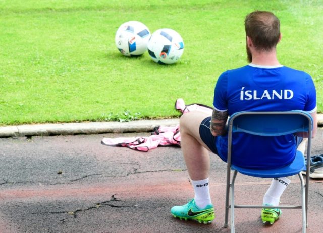 Iceland's midfielder Aron Gunnarsson looks on during a training session in Annecy on June