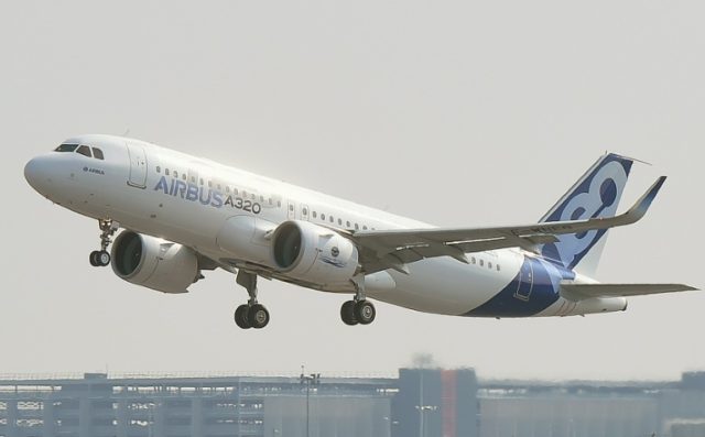 An Airbus A320neo takes off for its first test flight from Blagnac near Toulouse, southern