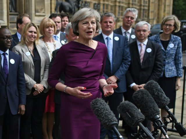 British Conservative party leadership candidate Theresa May speaks to members of the media