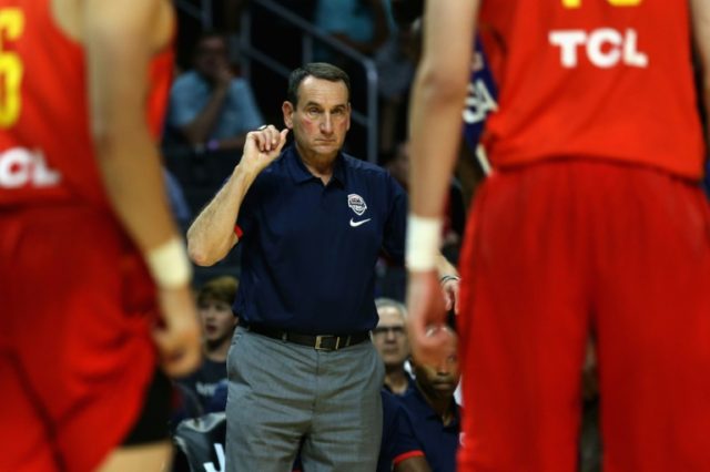 Head coach Mike Krzyzewski of the US instructs his team during an exhibition game against