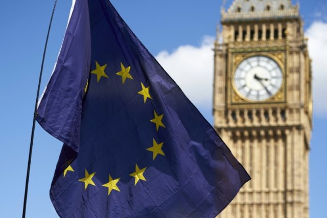 A European flag is flown in front of The Elizabeth Tower which houses the "Big Ben" bell i