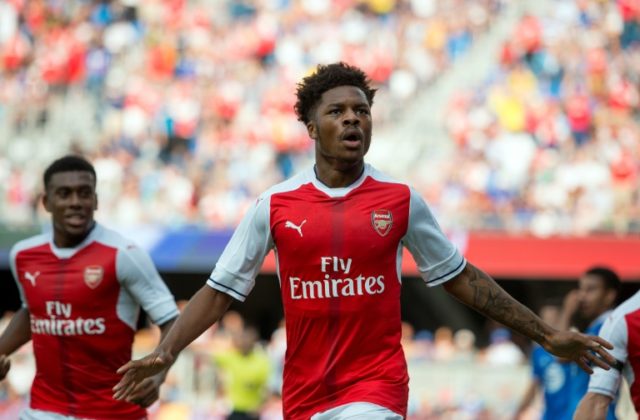Arsenal's Chuba Akpom celebrates after scoring a goal against the MLS All-Stars in San Jos