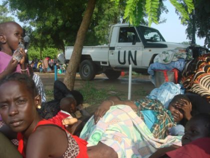 Displaced residents take shelter at the UN compound in the Tomping area of South Sudan's c