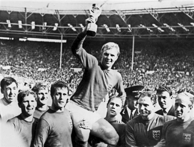 England captain Bobby Moore lifts the Jules Rimet Trophy after victory against West German