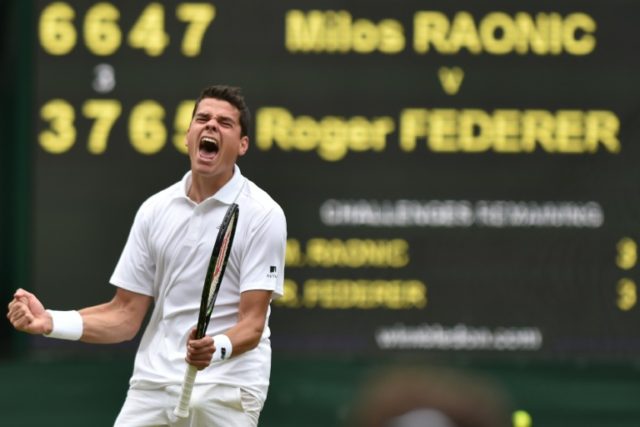 Canada's Milos Raonic celebrates beating Switzerland's Roger Federer in their Wimbledon se