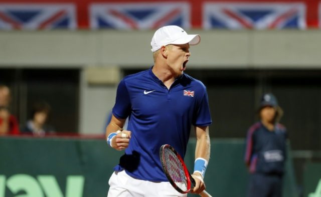 Britain's Kyle Edmund reacts after winning a point against Serbia's Janko Tipsarevic durin