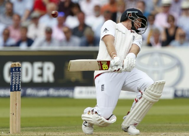 England's Joe Root ducks from a ball as he bats on the second day of the first Test cricke
