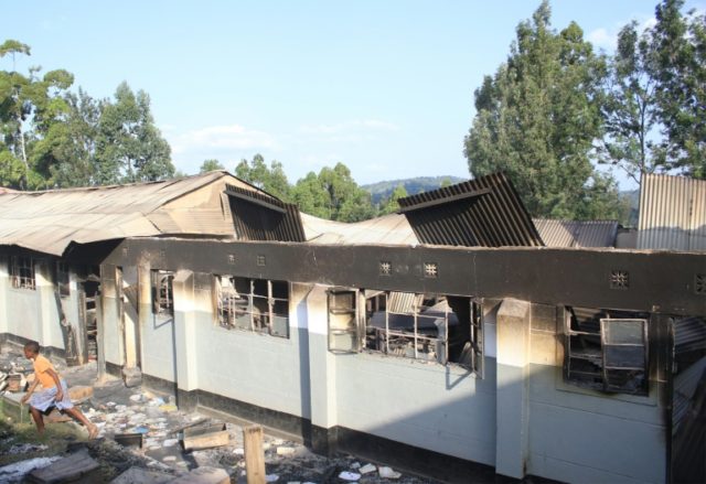 A burnt-out dormitory building at Itiero boys high school in Kenya's Kisii county, set on