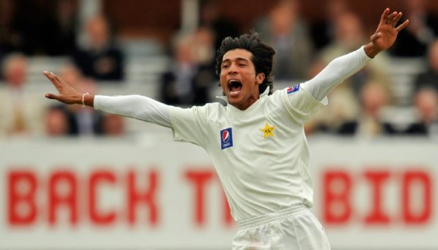 Pakistan's Mohammad Amir celebrates taking the wicket of England's Matthew Prior during a
