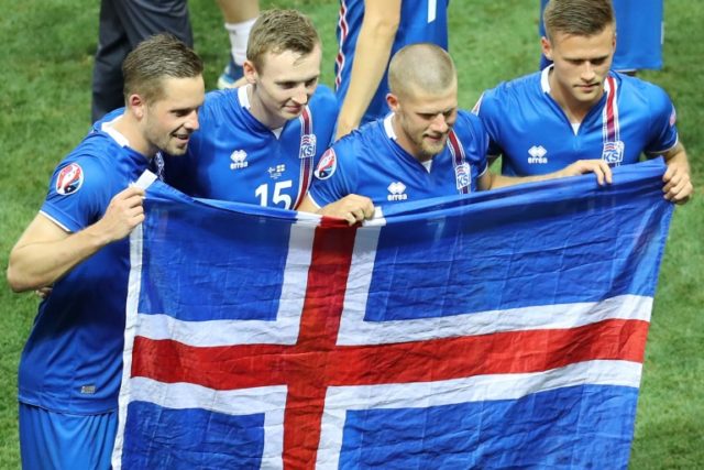 (From L) Iceland's Gylfi Sigurdsson, Jon Dadi Bodvarsson, Johann Berg Gudmundsson and Arno
