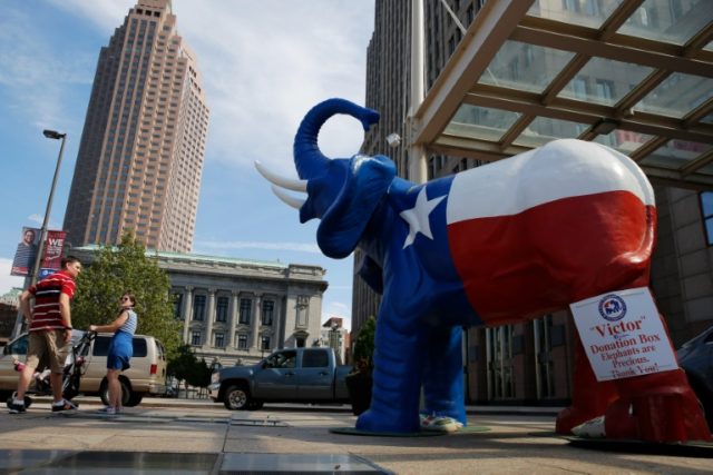 An elephant statue decorated with the state flag of Texas is seen amid preparations for th
