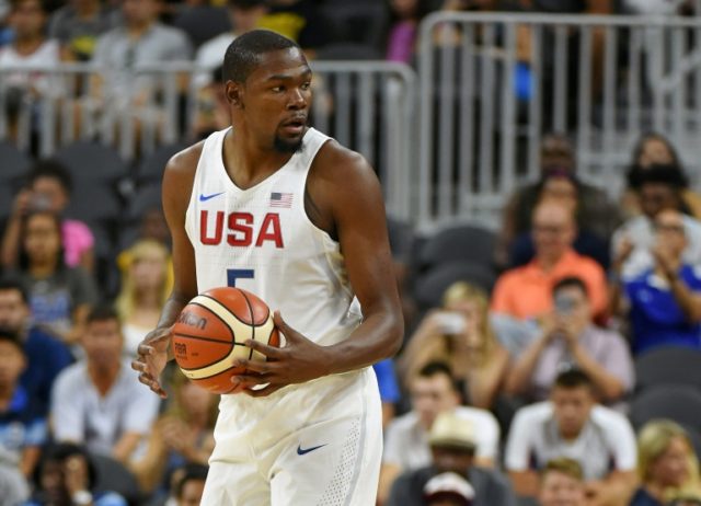 Kevin Durant of the US sets up a play against Argentina during their exhibition game at T-