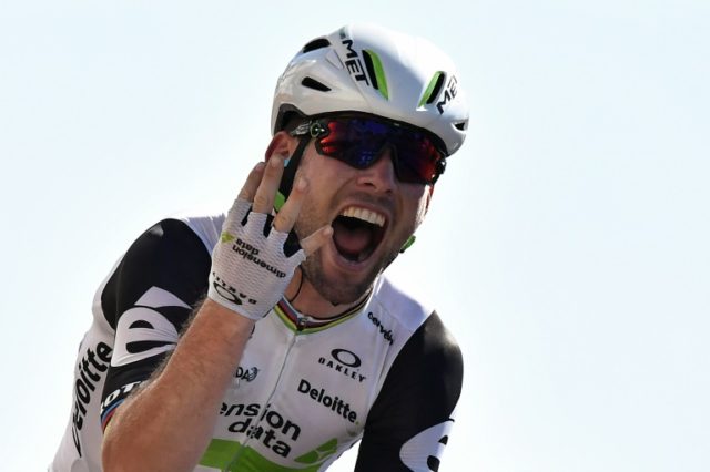 Mark Cavendish celebrates after winning the 14th stage of the Tour de France, between Mont