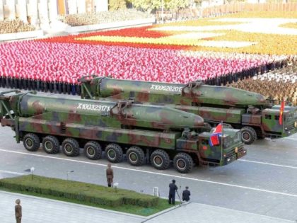 Missiles during a mass military parade at Kim Il-Sung square in Pyongyang. North Korea was marking the 70th anniversary of its ruling Workers' Party