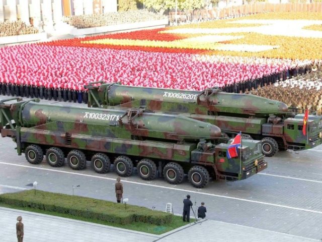Missiles during a mass military parade at Kim Il-Sung square in Pyongyang. North Korea was