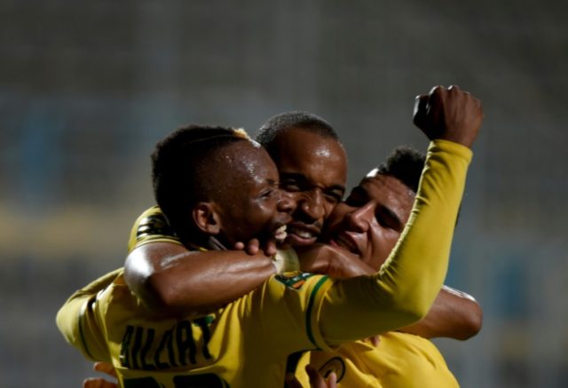 Mamelodi Sundowns players celebrate after scoring against Zamalek during their African Cha