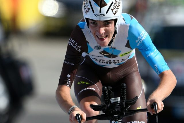 France's Romain Bardet crosses the finish line at the end of the 17km individual time-tria