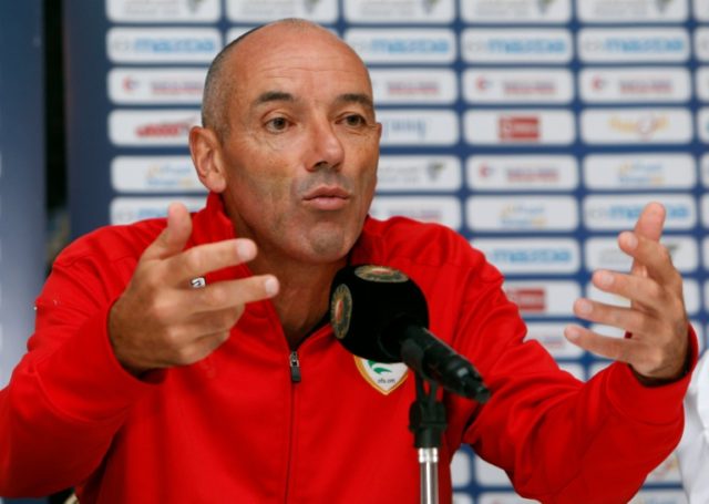 Oman's French coach Paul Le Guen holds a press conference in Muscat on October 7, 2015, on