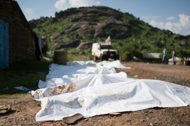 A picture taken on July 16, 2016 in Juba shows a row of numbered body bags with the remain