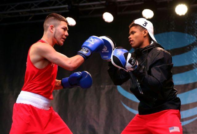 Boxers Shakur Stevenson (R) and Nico Hernandez perform a demo during Team USA's Road to Ri