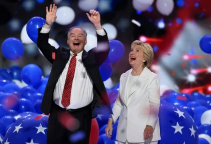 Balloons come down on Democratic presidential nominee Hillary Clinton and running mate Tim Kaine at the end of the Democratic National Convention