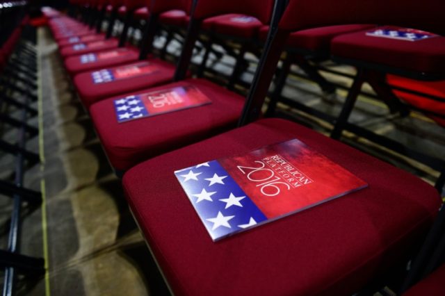 The formal printed 2016 Republican platform is pictured on July 18, 2016 in Cleveland, Ohi