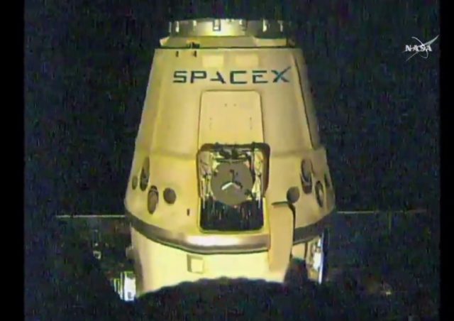 This NASA TV image shows the SpaceX Dragon cargo ship just after release from the Canadarm