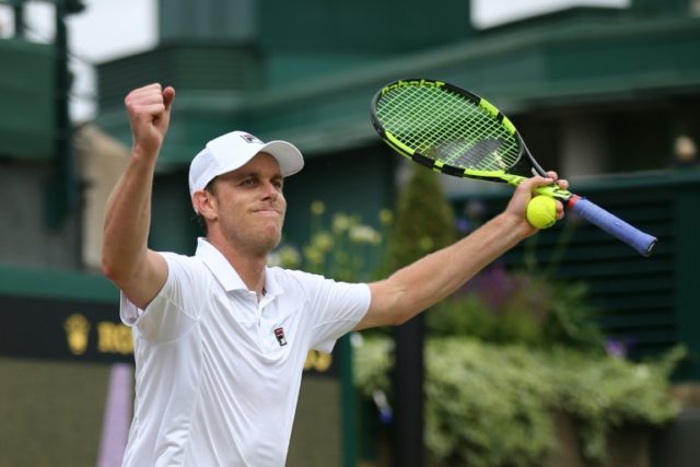 US player Sam Querrey celebrates victory against France's Nicolas Mahut in the Wimbledon f