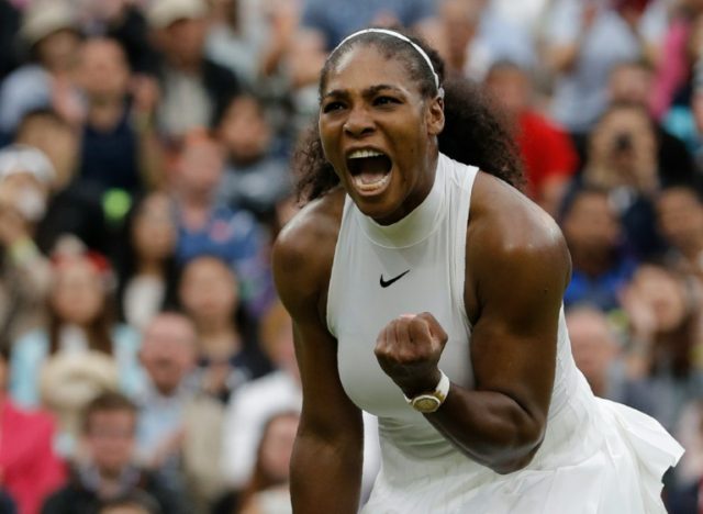 US player Serena Williams celebrates after beating US player Christina McHale during their