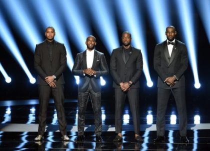 L-R: NBA players Carmelo Anthony, Chris Paul, Dwyane Wade and LeBron James speak onstage during the 2016 ESPYS at Microsoft Theater in Los Angeles, California