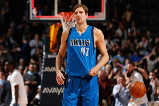 Dallas Mavericks forward Dirk Nowitzki (L), pictured on March 6, 2016, agreed to a two-yea