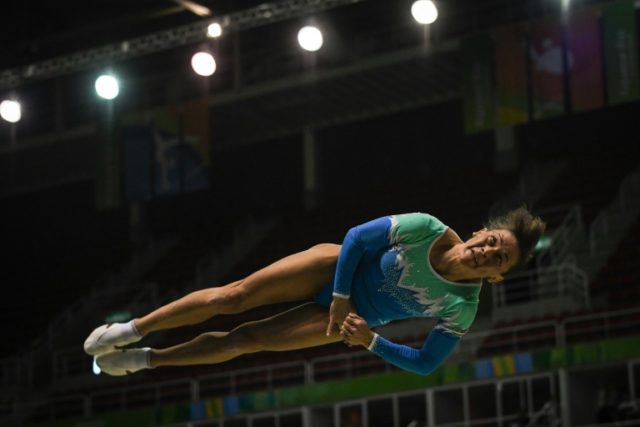 Uzbekistan's Oksana Chusovitina competes during the artistic gymnastics test event Women's