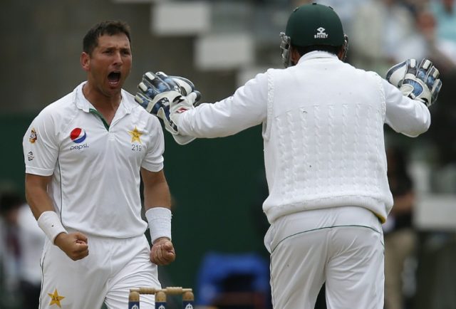 Pakistan's Yasir Shah celebrates taking the wicket of England's James Vince for 16 runs on