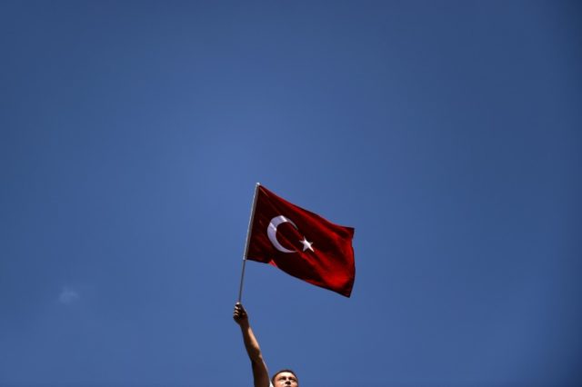 A pro-Erdogan supporter holds a Turkish flag during a protest at the Sarchane park in Ista