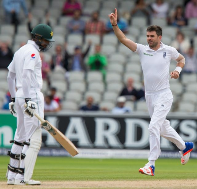 England's James Anderson celebrates after taking the wicket of Pakistan's Shan Masood on t