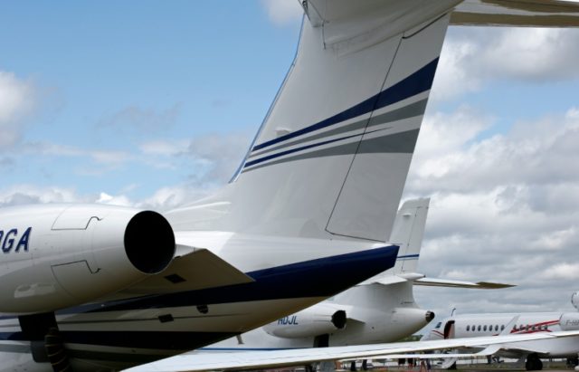 Exhibits are pictured under cloudy skies on the opening day of the Farnborough Airshow, so