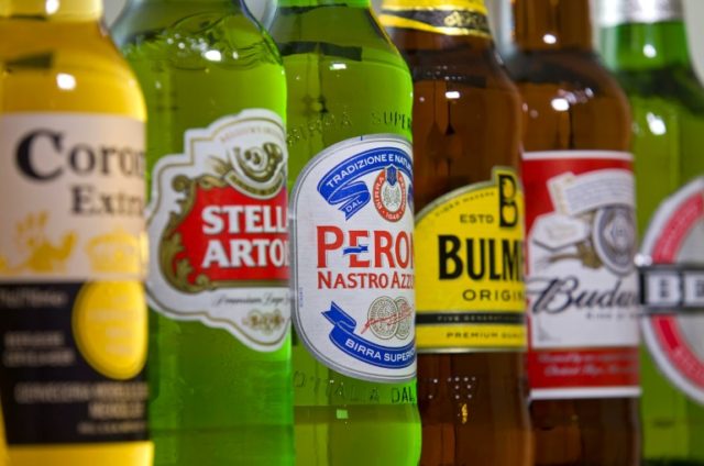 Bottles of beer and cider produced by Belgian-Brazilian group Anheuser-Busch InBev, (Budwe