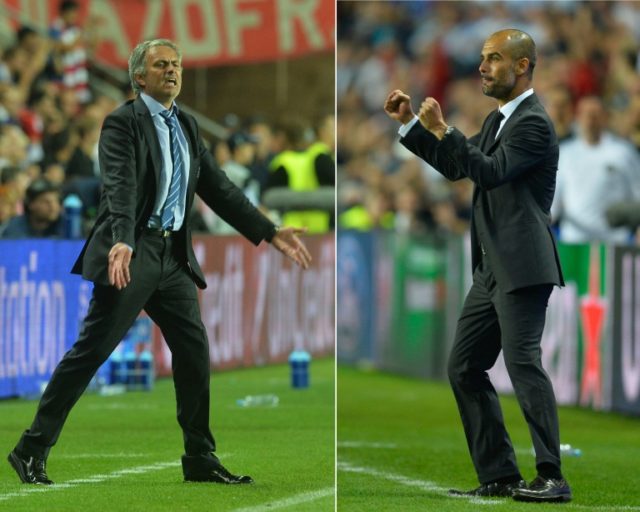 Then Chelsea manager Jose Mourinho (L) and Bayern Munich coach Pep Guardiola pictured in a