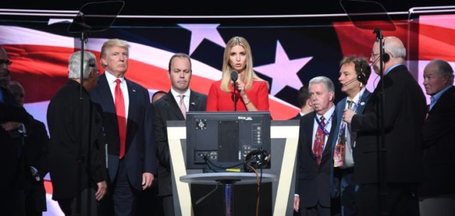 US Republican presidential candidate Donald Trump and daughter Ivanka Trump do a sound che