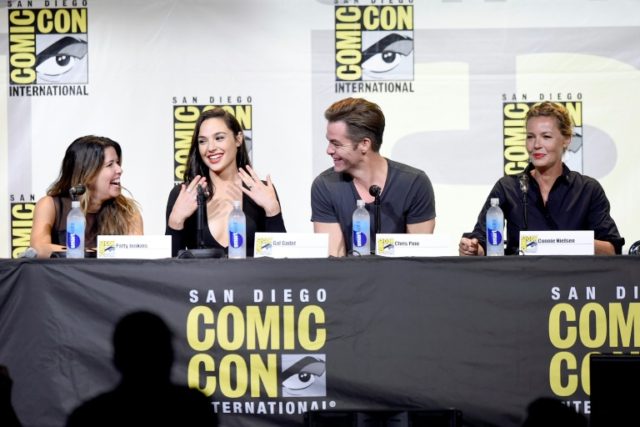 (L-R) Director Patty Jenkins, actors Gal Gadot, Chris Pine and Connie Nielsen attend the W