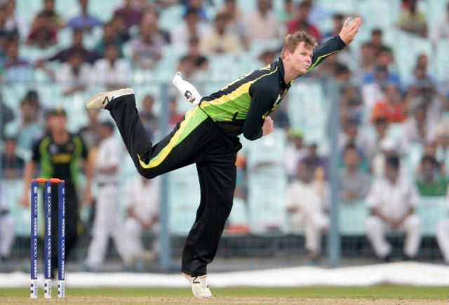 Australia's Steve Smith delivers a ball at The Eden Gardens Cricket Stadium in Kolkata on