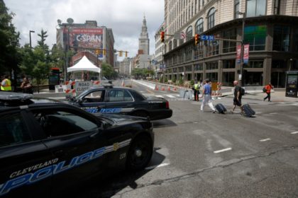Police cars sit at a checkpoint amid preparations for the arrival of visitors and delegates for the Republican National Convention, on July 16, 2016, in Cleveland, Ohio