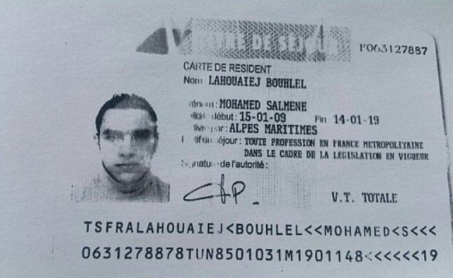 A reproduction of the residence permit of Mohamed Lahouaiej-Bouhlel, the man who rammed hi