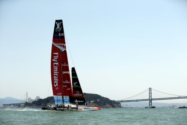 Emirates Team New Zealand, skippered by Dean Barker, in action during race three of the Lo