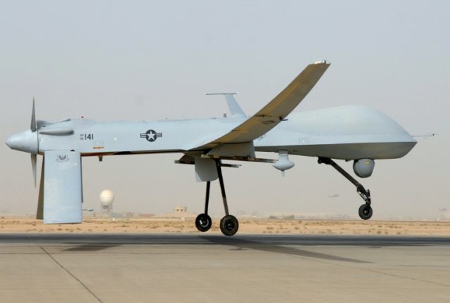 A US Air Force MQ-1 Predator unmanned aircraft prepares for takeoff in support of operatio