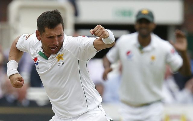 Pakistan's Yasir Shah celebrates taking the wicket of England's Gary Ballance on the secon