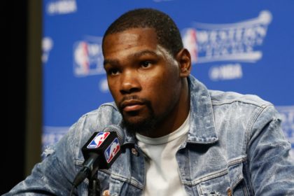 Kevin Durant #35 of the Oklahoma City Thunder during a press conference after the Golden State Warriors defeated the Oklahoma City Thunder 108-101 in game six of the Western Conference Finals on May 28, 2016