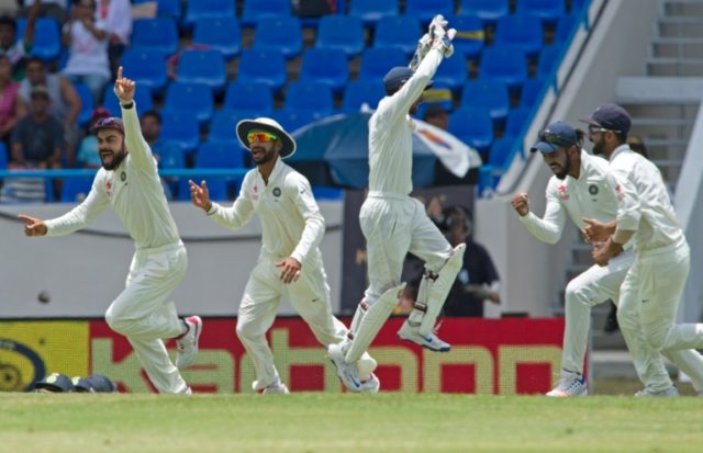 India players celebrate during day three of the cricket test match between West Indies and